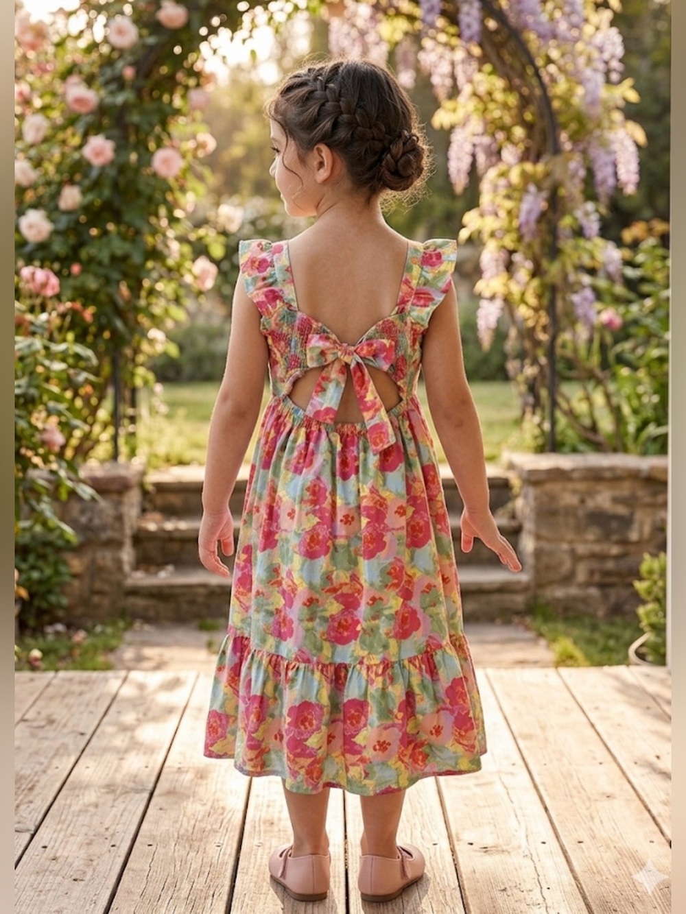 Peyton & Parker Floral Tie-Back Ruffle Midi Dress for Girls - Pink & Green